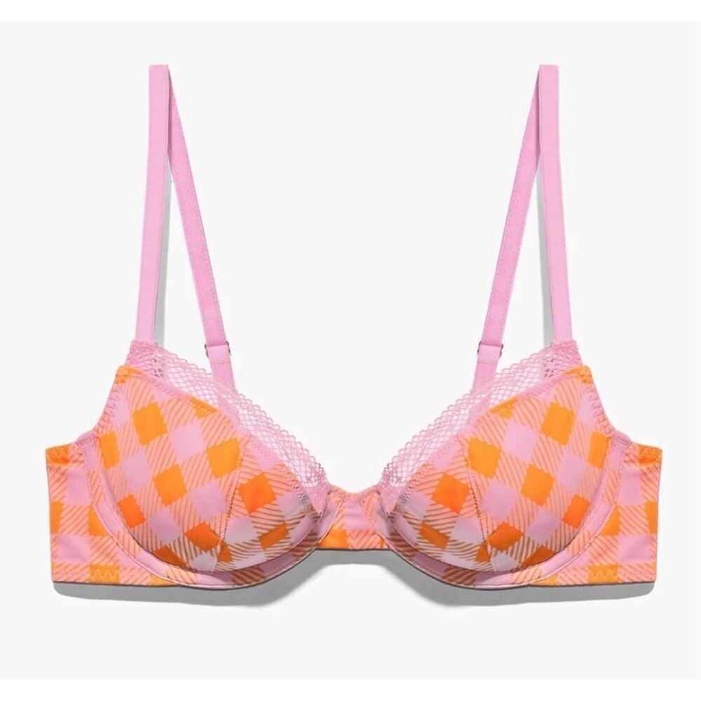 Savage X Gingham Pink Orange Unlined Plunge Bra 32B